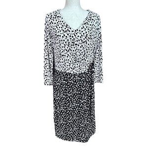 Talbots Dress Women L Black White Floral Gathered Waist V Neck 3/4 Sleeves